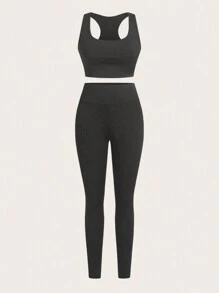 SHEIN Essnce 3 件套女士运动套装、罗纹立领半拉链长袖 T 恤、运动胸罩吊带背心、高腰紧身裤、女士深灰色服装套装、深灰色紧身裤、深灰色紧身胸衣上衣、工装裤 - 深灰色 - 查看 8