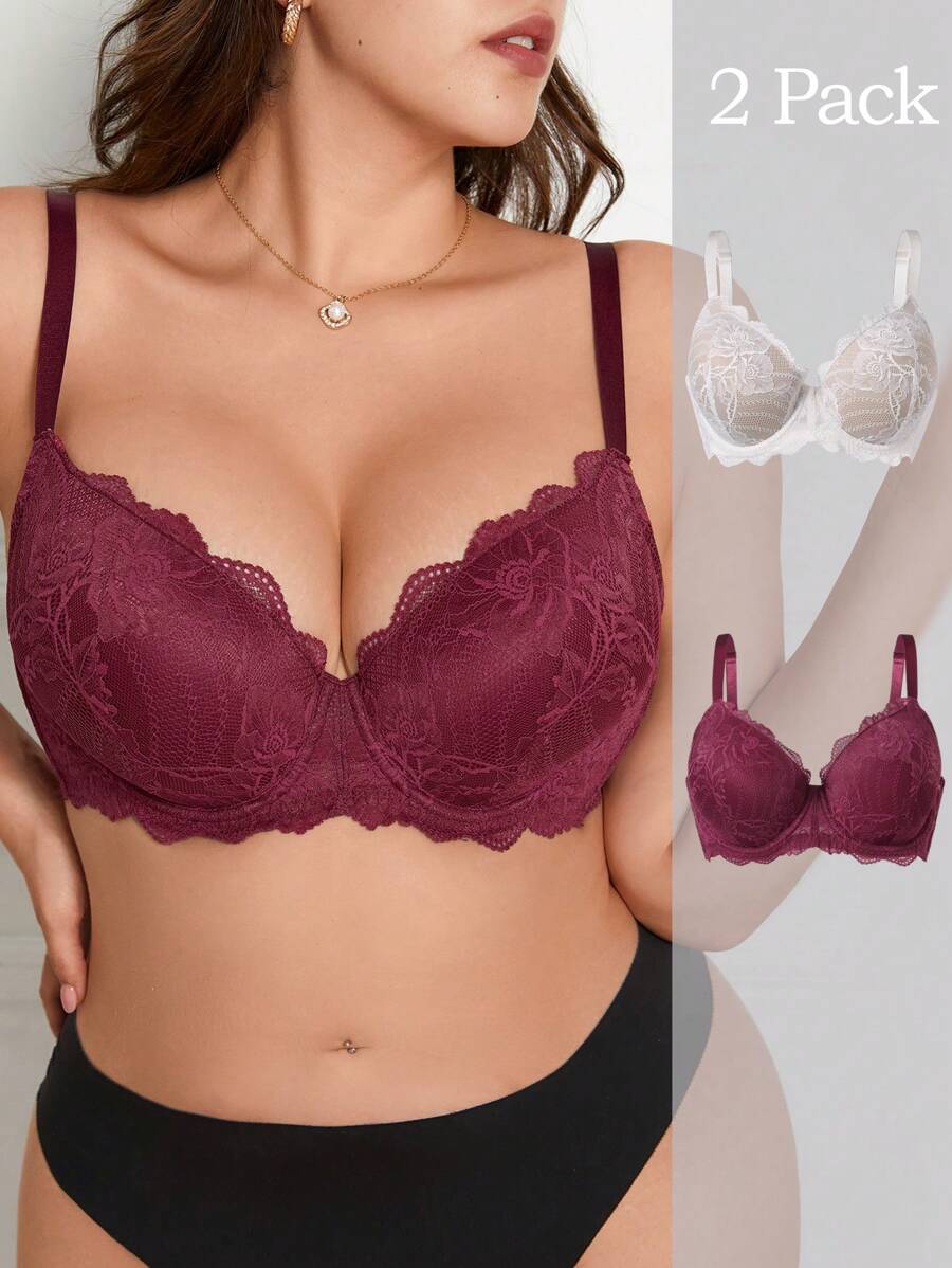 2pcs Plus Size Women Floral Lace Comfortable Bra Set - Multicolor - View 1