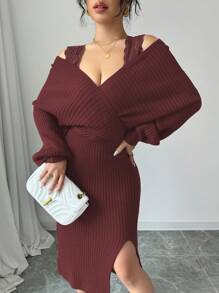 Chiquease Unique Design Lace Trim Knitted Sweater Dress, Waist Cinched Style, Elegant Look - Burgundy - View 3