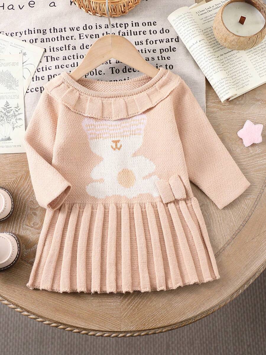 Toddler Girl's Cute Long Sleeve Ruffle Collar Pleated Skirt Bear Jacquard Knit Sweater Dress, Suitable For Fall Season - Khaki - View 1