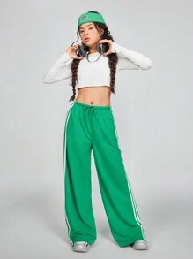 SHEIN Tween 女童春夏运动休闲基本款针织带纹理装饰橄榄绿带纹理装饰阔腿运动裤 - 綠色 - 查看 5