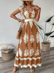 SHEIN LUNE 褶皱荷叶边下摆喇叭腰荷叶边下摆 A 字形连衣裙，带定位印花，女士休闲度假连衣裙 - 彩色 - 查看 5