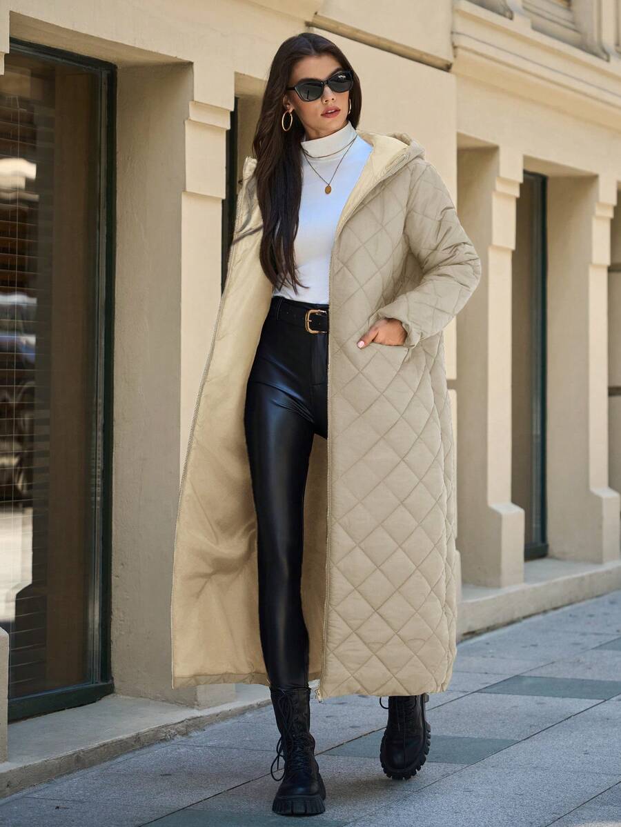 EURMUSE 女士纯色前拉链长袖口袋休闲连帽衫 - 米色 - 查看 1