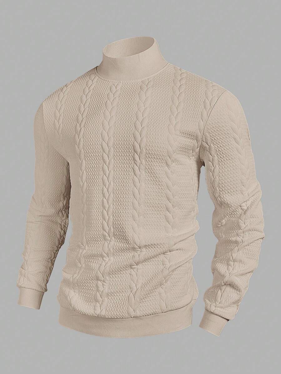 Manfinity Mode Áo nỉ chui đầu cổ đứng tay dài màu trơn cho nam, mùa thu/đông - Màu Khaki - Xem 1