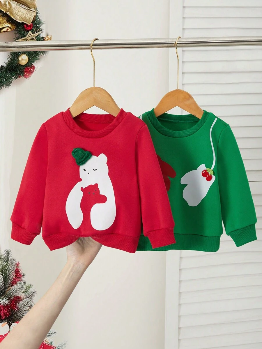2 peças/conjunto bebê meninas natal e ano novo casual fofo 3d cereja moletom com capuz e roupas, cores verde e vermelho, alto custo-desempenho