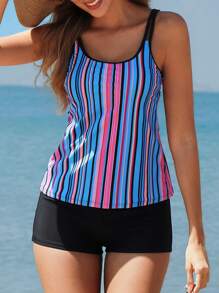 Swim Lushoire Colored Striped Loose Top And Boyshorts Tankini Set For Women Summer - Multicolor - View 1