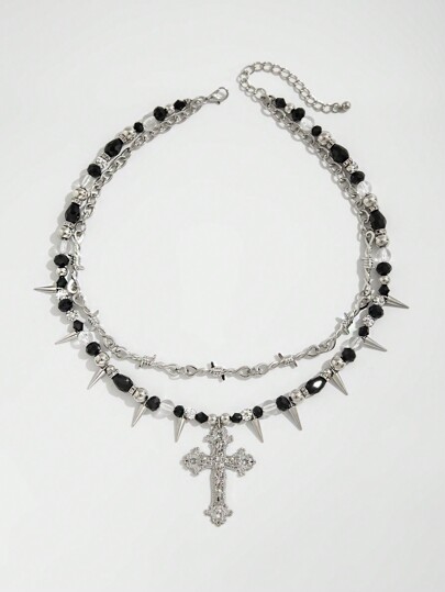 Goth 1pc Multilayer Beaded Necklace With Cross Stud Pendant