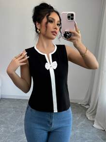 Elenzga 女士无袖蝴蝶结针织撞色休闲背心图案 T 恤女士上衣 - 黑與白 - 查看 3