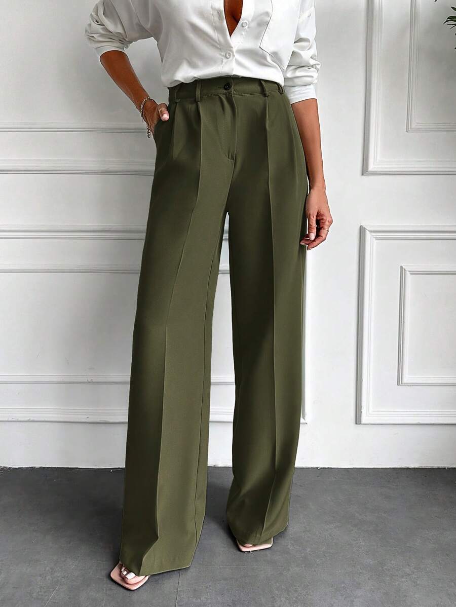 EURMUSE Women's Fashionable Versatile Solid Color Wide Leg Suit Pants - Dark Green - View 1