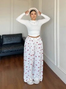 POPSWAY Pantalones rectos de talle con cordón y estampado de cerezas para mujer talla grande
