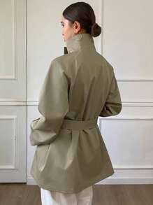 Livesso 宽松长袖腰带口袋女式风衣女式夹克，秋季女装 - 綠色 - 查看 2