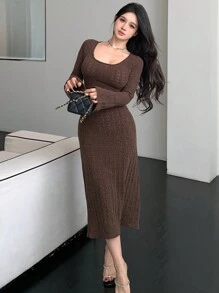 DAZY Women's Solid Round Neck Ribbed Knitted Long Sleeve Elegant Sweater Dress