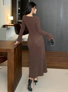 DAZY Women's Solid Round Neck Ribbed Knitted Long Sleeve Elegant Sweater Dress