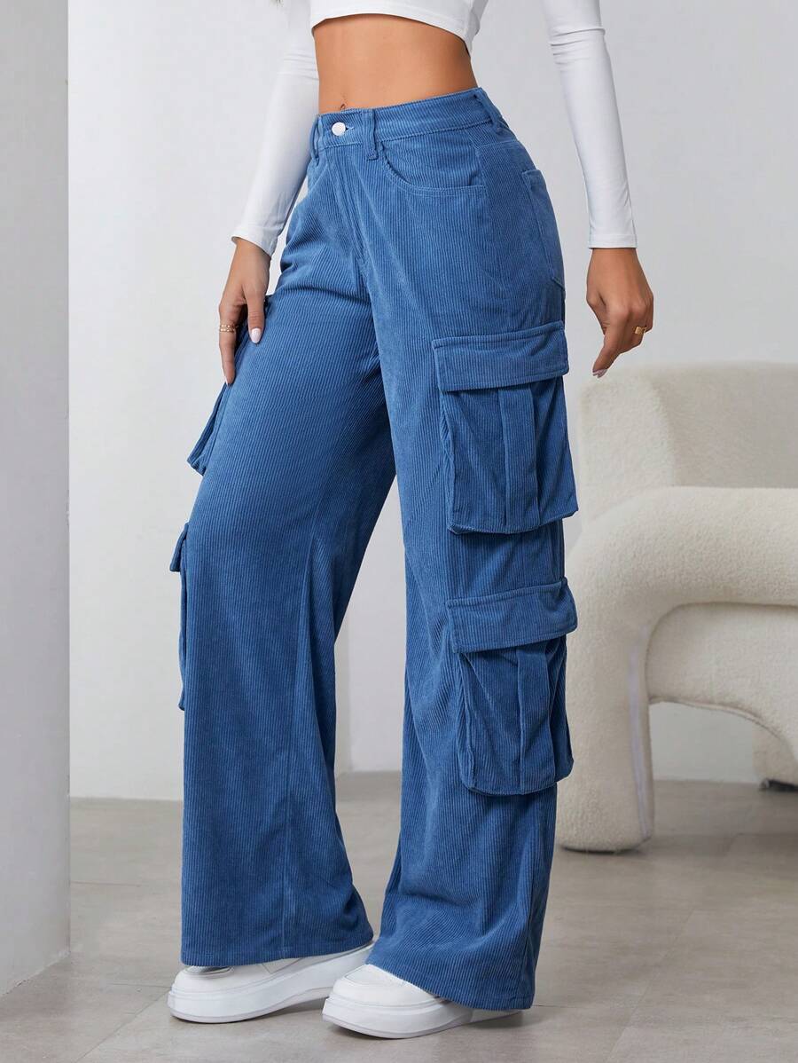 Women's Solid Color Corduroy Casual Loose Fit Long Pants With Pockets Fall Cloth For Women - Blue - View 1