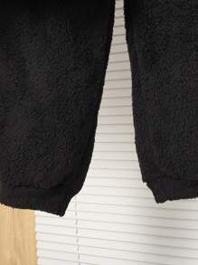 SHEIN Teen Boys 2pcs Casual Smiling Face Embroidered Pattern Hat Devil Horns Styling Clothes White English Weave Mark Double Sided Fleece Black Cardigan Jacket Pants Two Pieces Set Homecoming; Renaissance; Fall Outfits; Teen Boy Clothes; ; Airport; Cocktail Party; Autumn/Winter