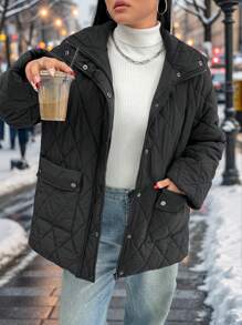 SHEIN EZwear Abrigo casual acolchado con cierre de cremallera y bolsillos para mujer talla grande, color negro y manga larga, para invierno