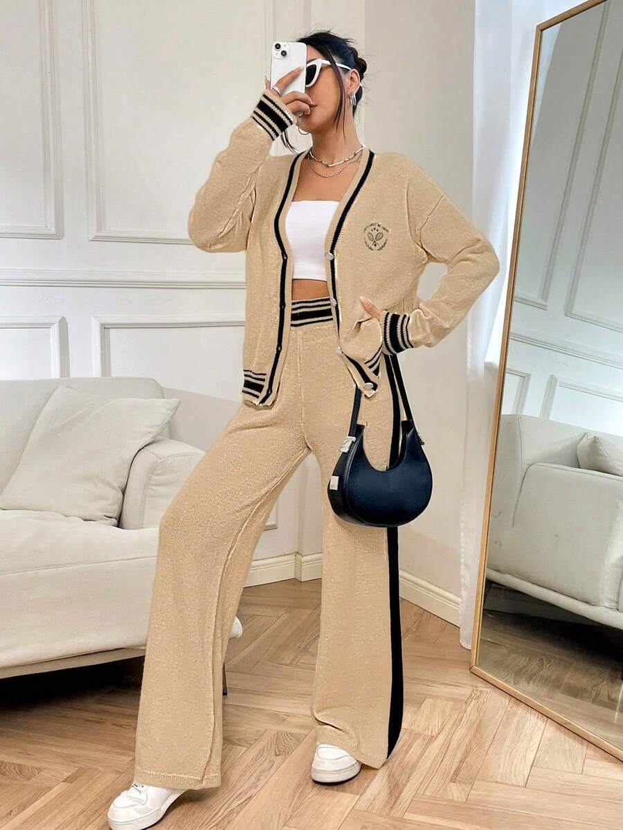 Chiquease 2 Stücke Damen Set, Farbblock Langarm Top mit Knöpfen vorne & Hosen, minimalistisch