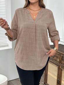EMERY ROSE Plus Size Fall Clothes Curve Thanksgiving Women Spring Autumn Solid Notch Neck Roll-Up Sleeve Casual Blouse - Khaki - View 2