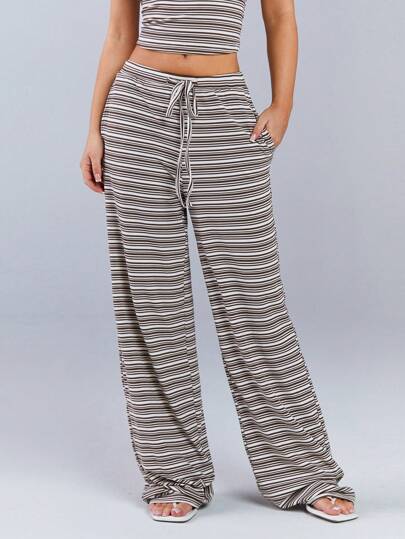 Athîral Pantalones anchos y sueltos para mujer con estampado a rayas, cordón ajustable en la cintura y bolsillos laterales