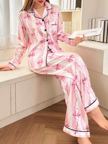 Dream Adore Conjunto de pijama con estampado de lazo de cinta en seda sintética
