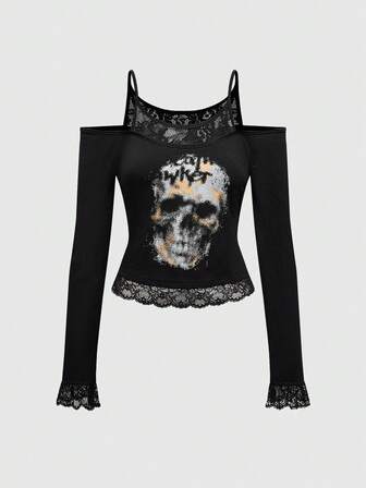 Grunge Punk Camiseta de tirantes con estampado de calavera y encaje para mujeres, ideal para festivales de música punk