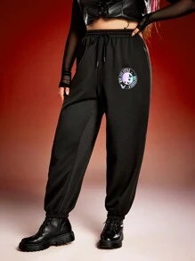 Miraculous Ladybug X SHEIN Pantalones versátiles de talla grande con cintura con cordón, estampado de mariposa y efecto tie-dye en color negro