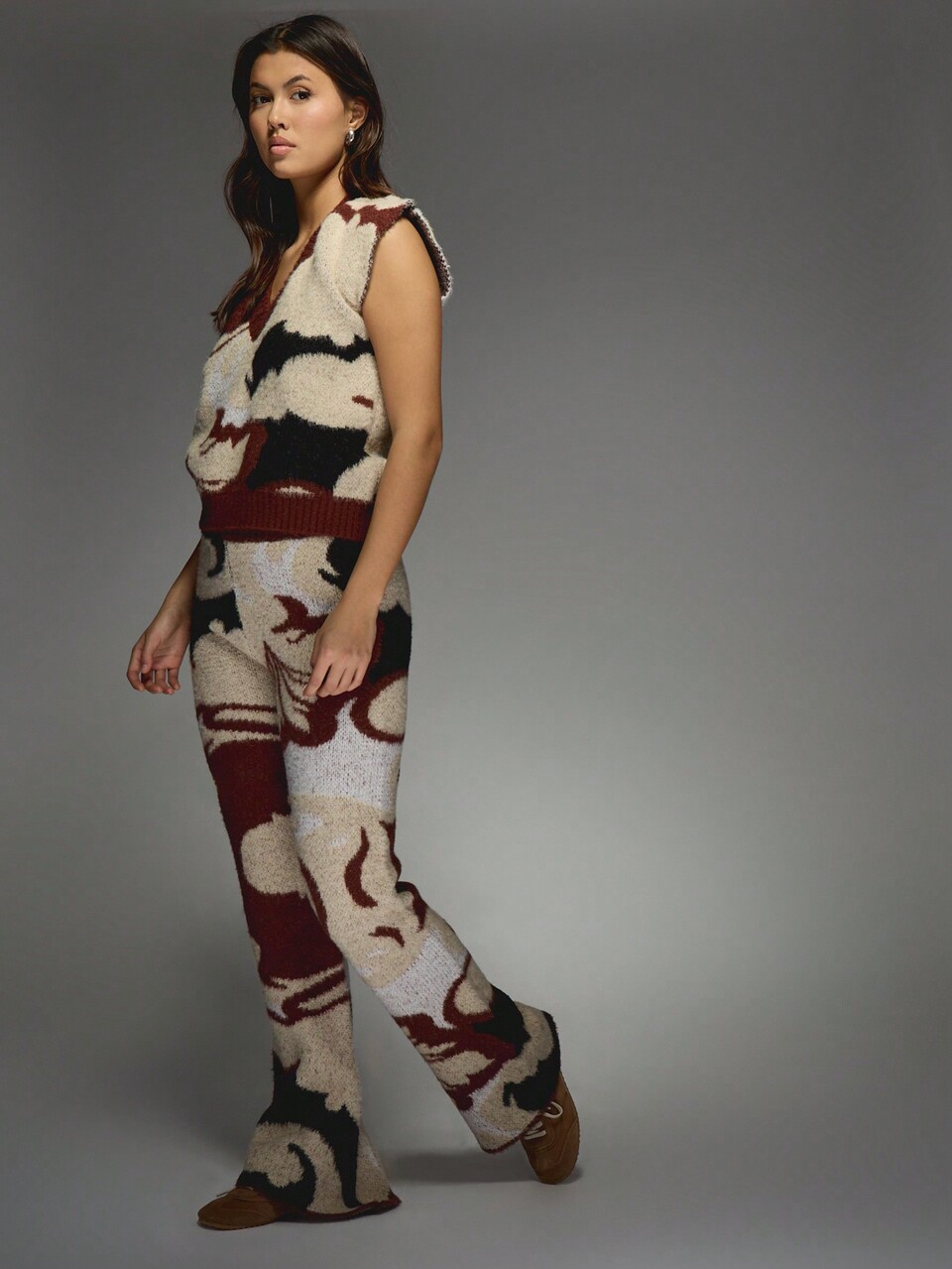 MISSGUIDED Abstract Pattern Knitted Co-Ord Sweater Vest Wide Leg Pants Set Fall Winter Lounge Wear Two Piece Outfit Casual Fashion