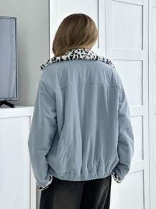 SHEIN EZwear 女士正面纽扣长袖口袋简约连帽休闲夹克 - 藍色 - 查看 2