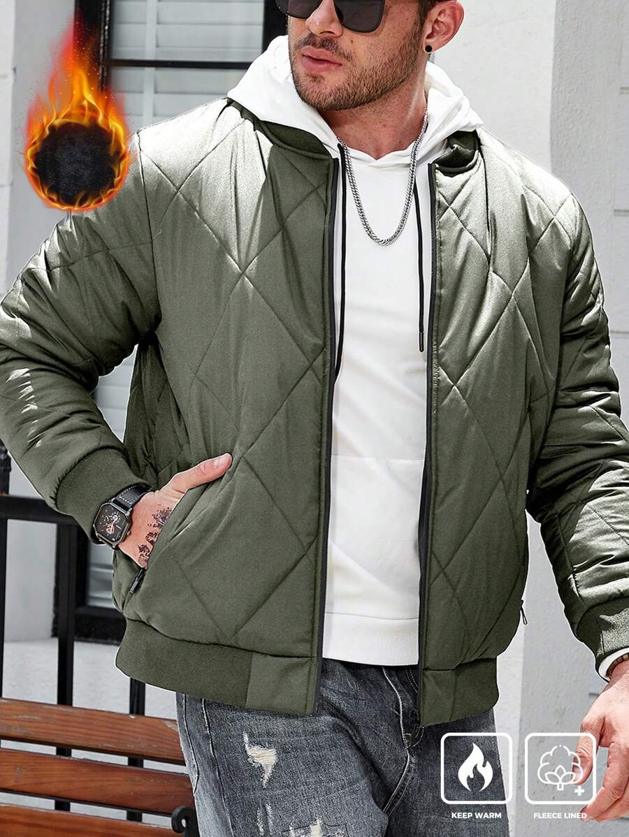 Manfinity Homme Plus Size Men's Solid Color Winter Jacket, Casual & Simple For Everyday Wear - Army Green - View 1