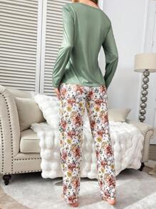 SHEIN 女士优雅纯色上衣搭配碎花长裤睡衣套装，秋冬服装 - 彩色 - 查看 2