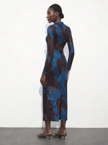 Maija 女式多色印花优雅荷叶边长袖连衣裙，时尚扎染设计针织网眼修身高领休闲连衣裙，适合所有季节 - 黑色 - 查看 3