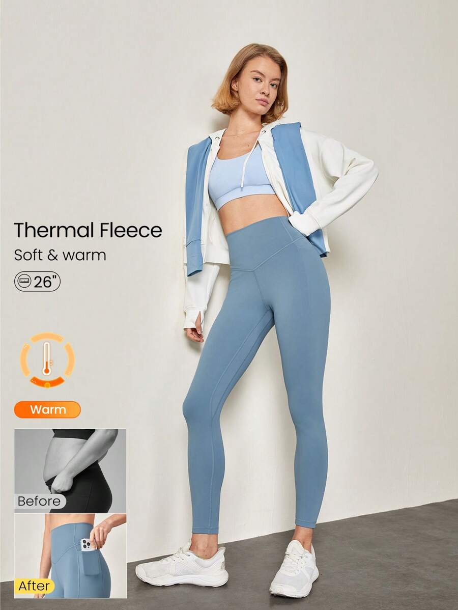 GLOWMODE 26'' FeatherFit™ Fleece Warm Tummy Control High-Rise Waist Leggings Low Impact Yoga Pilates Daily Warm Winter - Dusty Blue - View 1