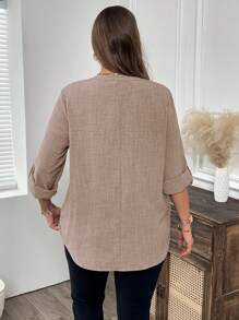EMERY ROSE Plus Size Fall Clothes Curve Thanksgiving Women Spring Autumn Solid Notch Neck Roll-Up Sleeve Casual Blouse - Khaki - View 6