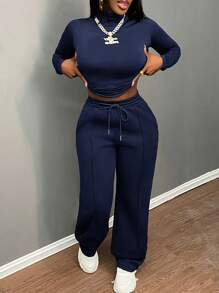 Slaydiva 2st Kvinnor Casual Enfärgad Enkel Mode Vardagsoutfit 2 Delar Casual Set - Marinblå - Visa 4