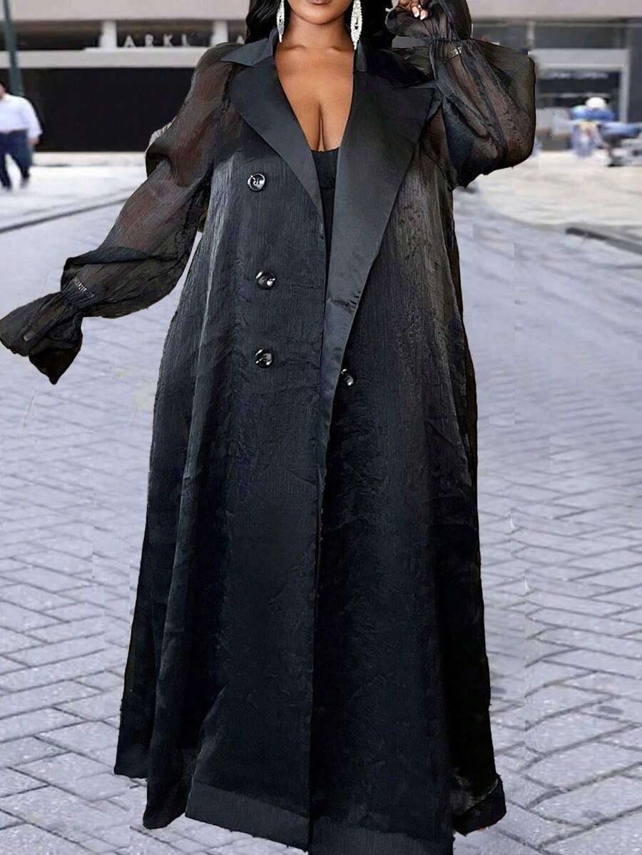 Slaydiva Trench-coat haute gamme en satin transparent pour femmes grandes tailles, pour l'automne - Noir - Voir 1