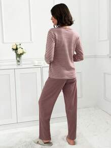 EURMUSE 2 Pcs Cotton Contrast Colour Striped With Bear Embroidery Detail PJ Set - Dusty Pink - View 2