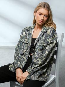 SHEIN EZwear Letter Patch Flap Pocket Garment Bag Women Jacket