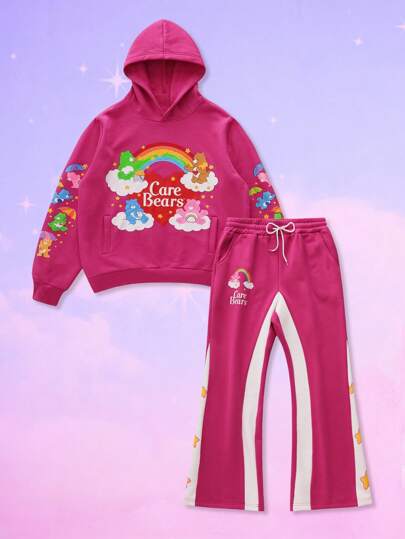 ROMWE X Care Bears طقم رجالي كاجوال متكون من بلوفر بقبعة مطبوع عليه دب ألوان قوس وبنطلون مقلم بألوان متباينة ، مناسب لفصل الخريف والشتاء - قطعتان