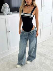 SHEIN EZwear 女士蕾丝边紧身衣，简约时尚休闲日常穿着 - 黑色 - 查看 6