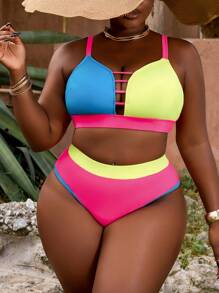 SHEIN Swim Curve 大码女式休闲时尚拼色两件套比基尼泳装套装夏季 - 彩色 - 查看 1