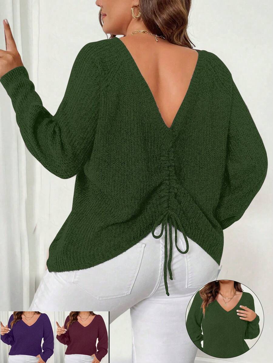 SHEIN Unity Plus Size Solid Color Open Back Drawstring V-Neck Long Sleeve Pullover Sweater Knit Pullover Fall Winter - Green - View 1