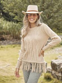 LanaWest Dam Casual Retro Kabelstickad Pullover Tröja Stickad Pullover Höst Vinter - Kaki - Visa 1