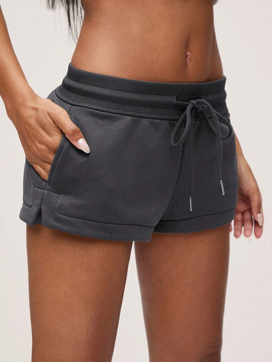 SHEIN BASICS Women's Comfortable Low Waist Sports Shorts With Slit, Hot Pants, Spring/Summer - Dark Grey - View 1