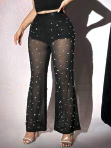 Viva Relle Pantalones sexys transparentes de talla grande con decoración de perlas, para fiestas y uso diario