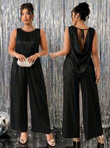 SHEIN Clasi Plus Size Women Hot Stamping Metallic Round Neck Flowy Blouse Maxi Pants 2 Pieces Set, Suitable For Party, Autumn/Winter - Black - View 5