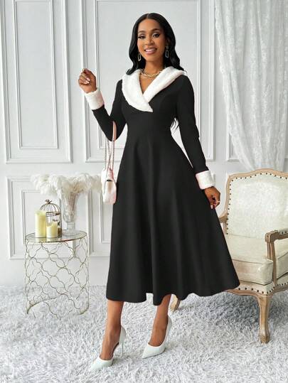 SHEIN Clasi Colorblock Crossover Wrap Fluffy Pieced Elegant Long Sleeve Dress Maxi Women Outfit