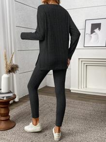 SHEIN LUNE 2pcs/Set Women Solid Color V-Neck Long Sleeve Top And Pants Set - Dark Grey - View 2