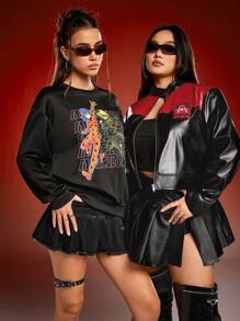 Miraculous Ladybug X SHEIN Plus Size Contrast Rib-Knit Collar Studded Super Hero Print Leather Jacket - Black - View 4