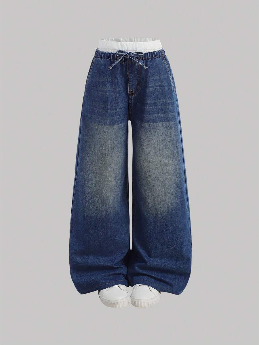 SHEIN Spodnie jeansowe dla dziewcząt w stylu Y2K na jesień w kolorze niebieskim i białym, swobodne, szerokie, w paski, z kontrastowym paskiem i wzorem 2 w 1 - Ciemny jeans - Zobacz 1