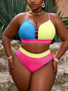 SHEIN Swim Curve 大码女式休闲时尚拼色两件套比基尼泳装套装夏季 - 彩色 - 查看 4